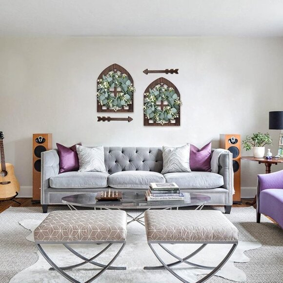 NEW  Set of 2 Rustic Wood Window Frame with Green Wreath and Arrows Wall Decor - Picture 7 of 8